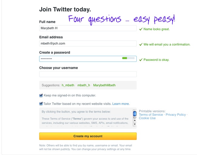 PCH Twitter Sign Up Page