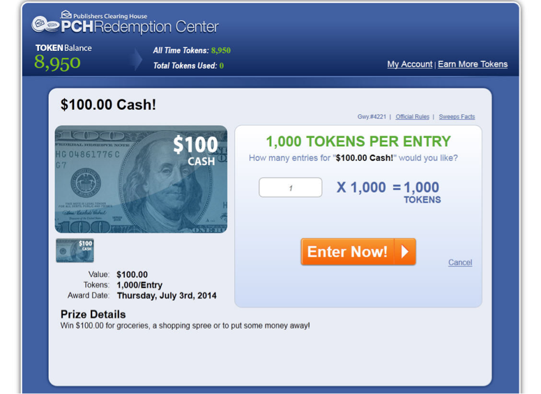 Redeem your tokens at the PCH Redemption Center