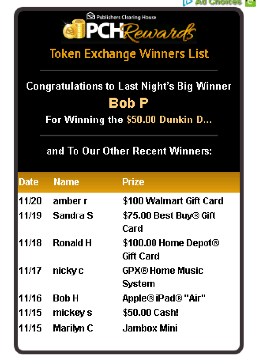 PCH Rewards Token Exchange Winners List