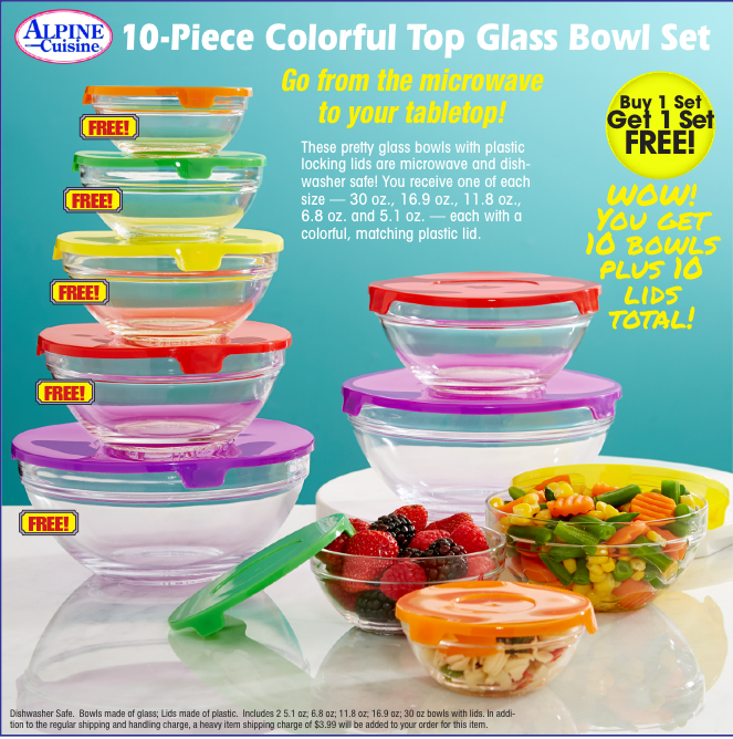 Alpine 10 Piece Glass Bowl Set W/ Plastic Lids Microwave Freezer Dishwasher  Safe