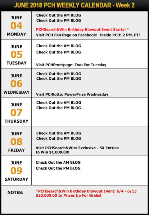 PCH June Sweepstakes Calendar -Week 2
