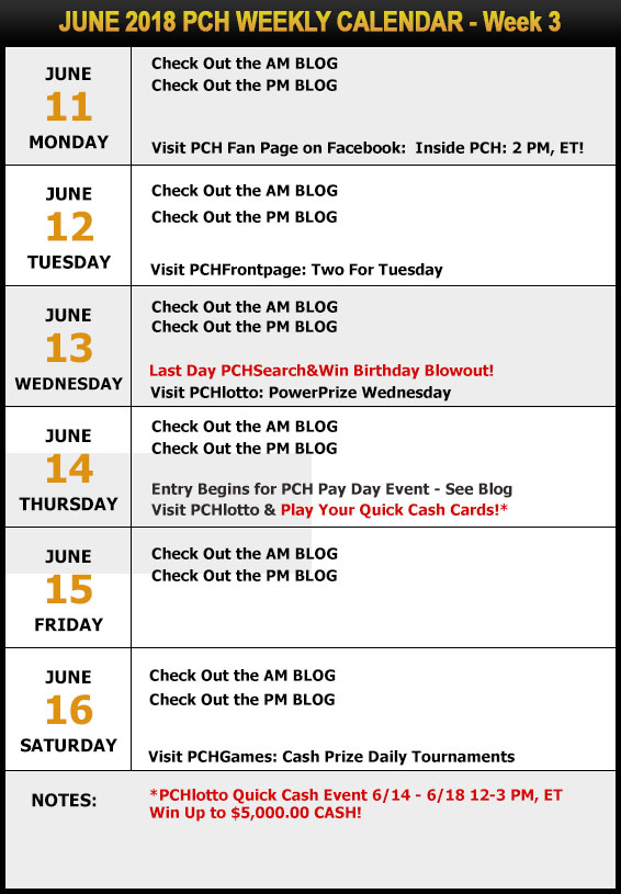: PCH June Sweepstakes Calendar -Week 3
