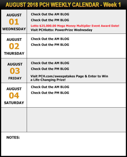 PCH August Sweepstakes Calendar - Week 1
