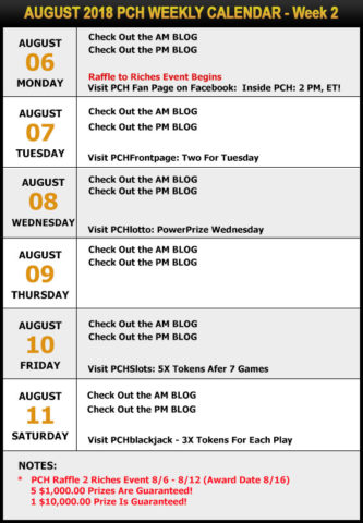 PCH August Sweepstakes Calendar - Week 2