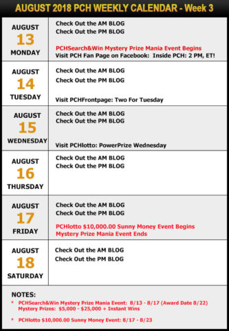 PCH August Sweepstakes Calendar - Week 3