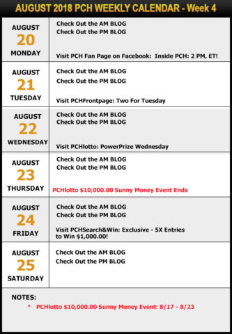 PCH August Sweepstakes Calendar - Week 4