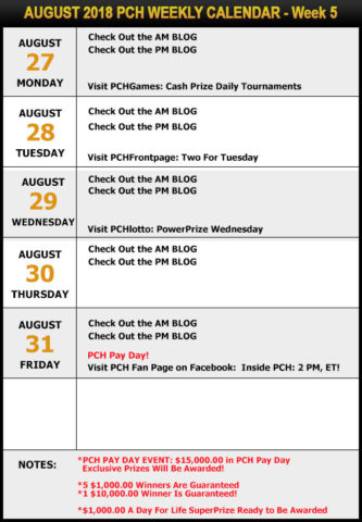 PCH August Sweepstakes Calendar - Week 5