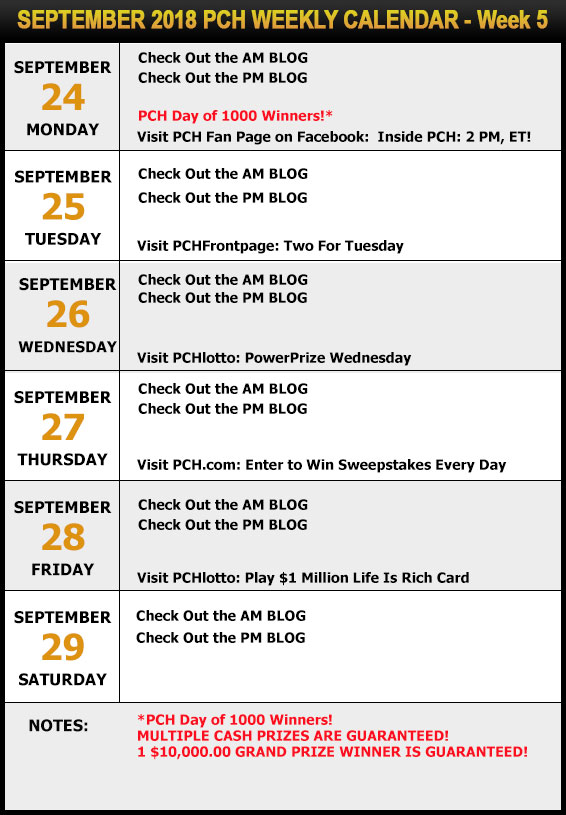 PCH September Sweepstakes Calendar -Week 5