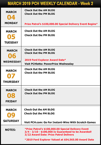 PCH March Sweepstakes Calendar -Week 2
