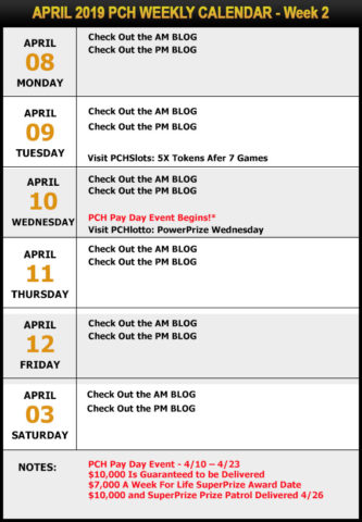 PCH April Sweepstakes Calendar -Week 2